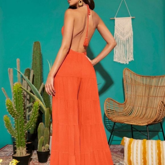 ORANGE RUFFLE HEM WIDE LEG TASSLE TIE JUMPSUIT TRENDING BOHO FLOWY - Picture 2 of 7